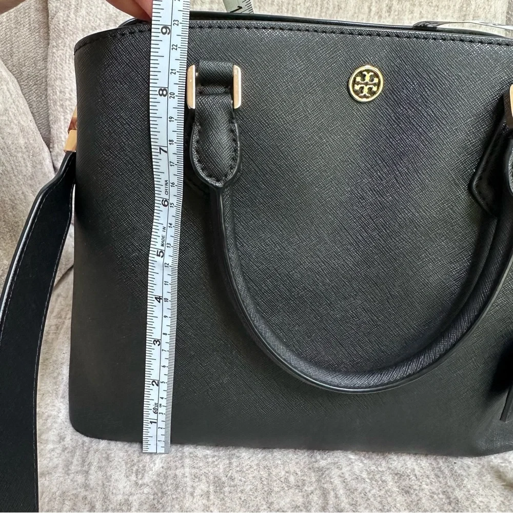Tory Burch Robinson Medium Triple Compartment Black Leather Tote Bag - Picture 13 of 16